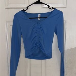 All in Motion Blue Ruched Crop Blouse